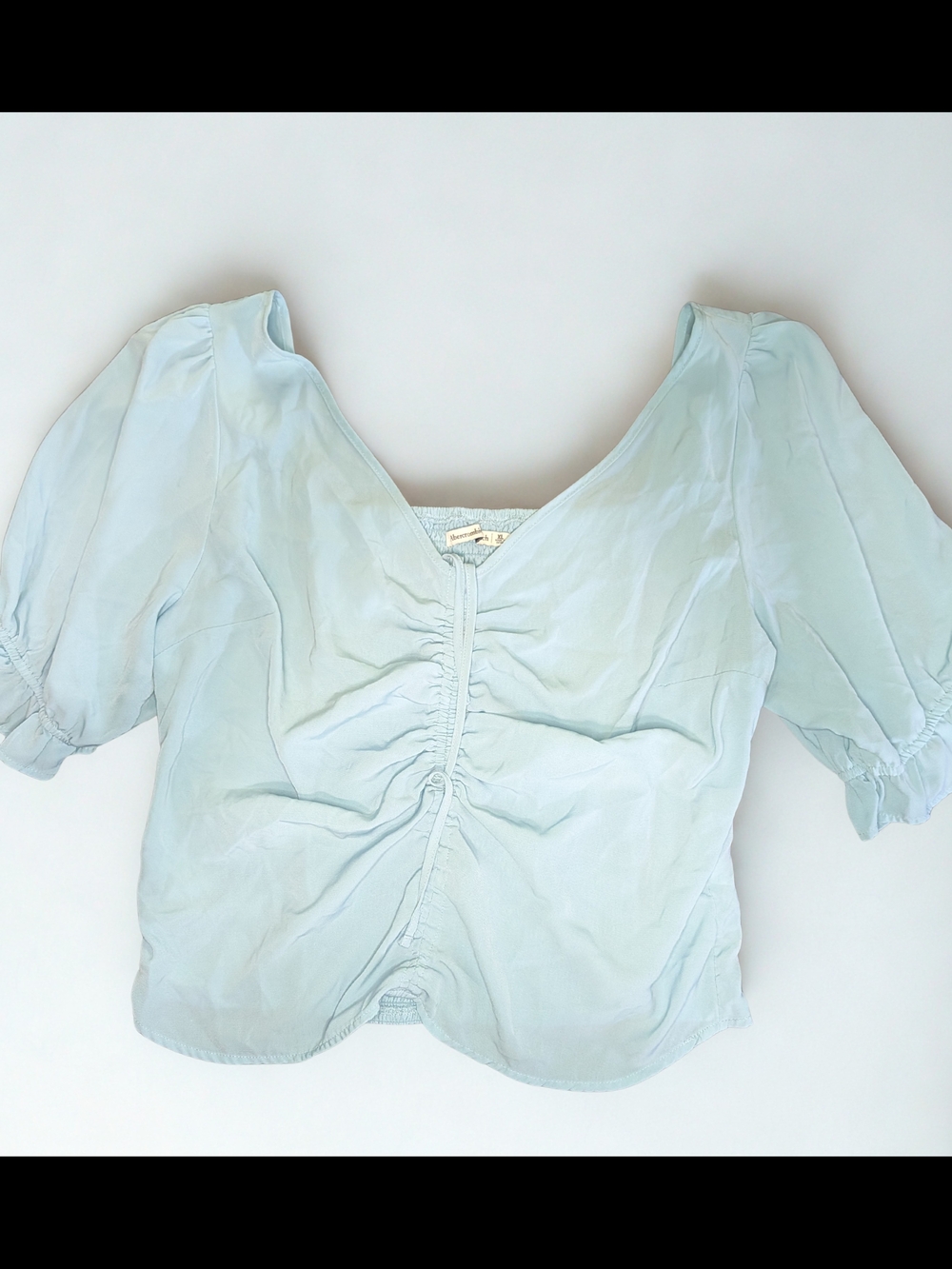 Abercrombie & Fitch Pale Blue Ruched V-Neck Puff Sleeve Top